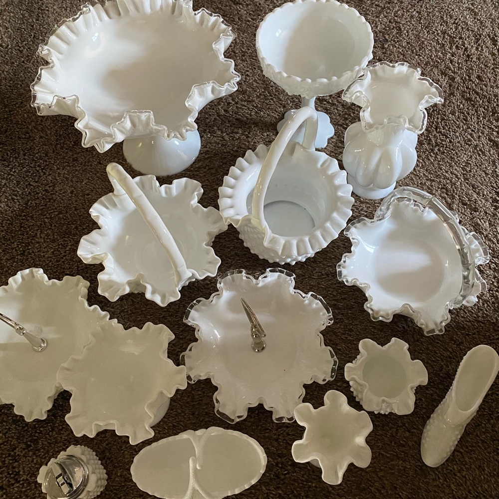 White milk glass and silver crest Fenton pieces
